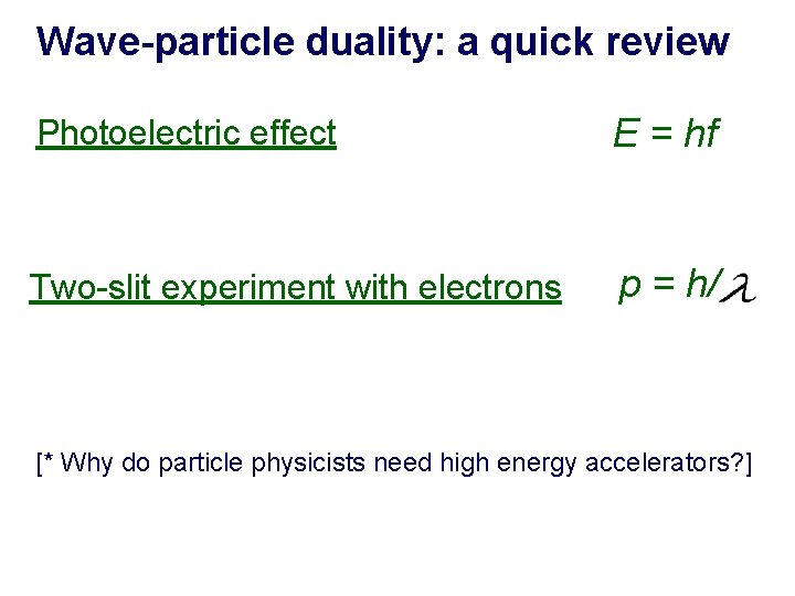 Wave-particle duality: a quick review Photoelectric effect E = hf Two-slit experiment with electrons