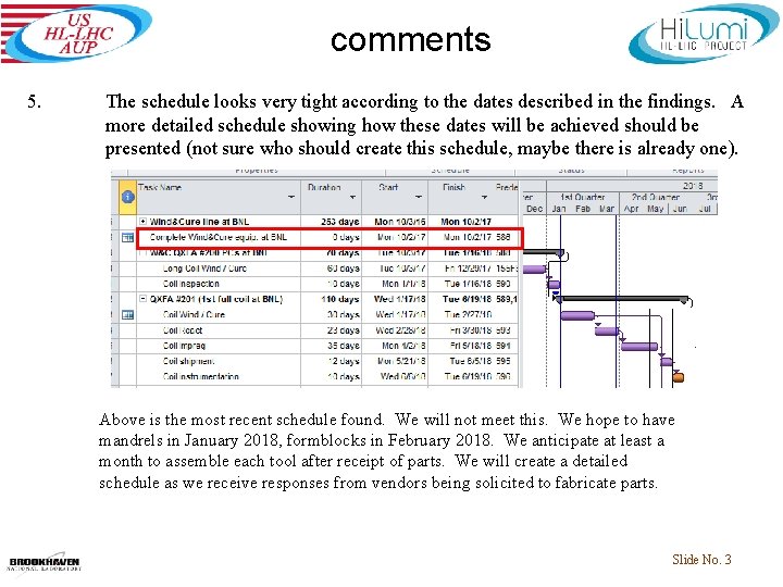 comments 5. The schedule looks very tight according to the dates described in the