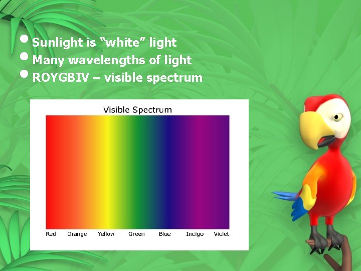  • Sunlight is “white” light • Many wavelengths of light • ROYGBIV –