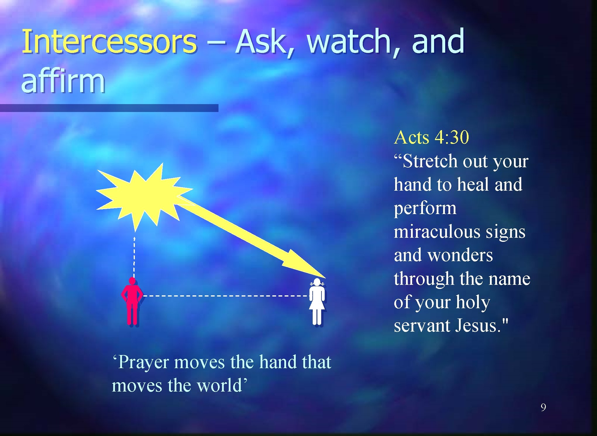 Intercessors – Ask, watch, and affirm Acts 4: 30 “Stretch out your hand to