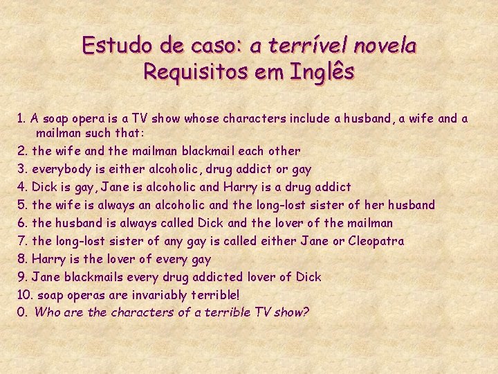 Estudo de caso: a terrível novela Requisitos em Inglês 1. A soap opera is