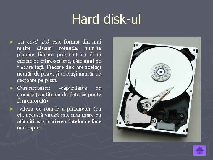 Hard disk-ul Un hard disk este format din mai multe discuri rotunde, numite platane