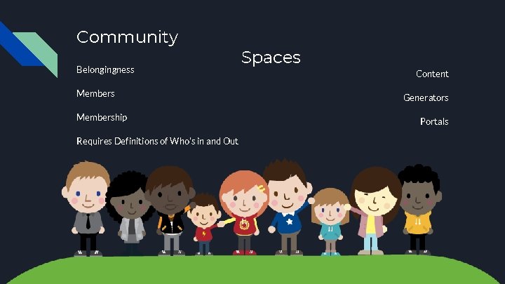 Community Belongingness Membership Requires Definitions of Who’s in and Out Spaces Content Generators Portals