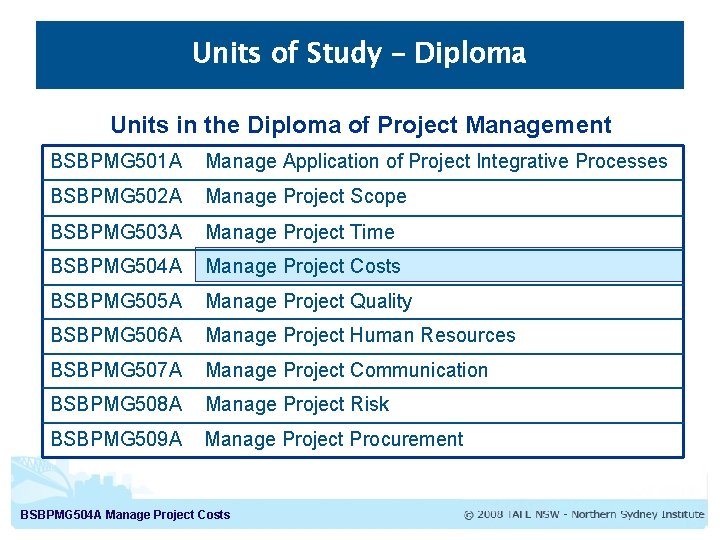 Units of Study – Diploma Units in the Diploma of Project Management BSBPMG 501