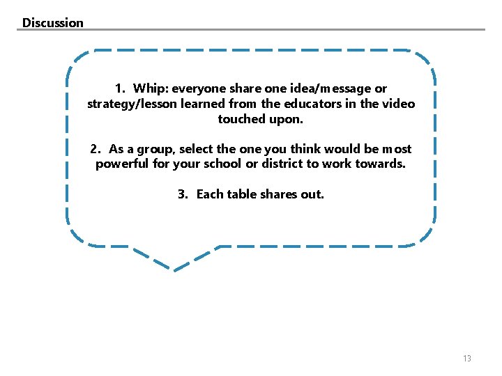 Discussion 1. Whip: everyone share one idea/message or strategy/lesson learned from the educators in