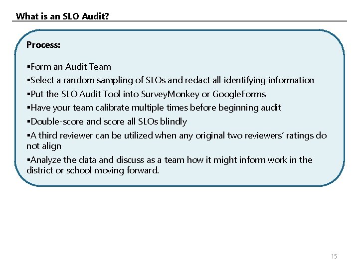 What is an SLO Audit? Process: Form an Audit Team Select a random sampling