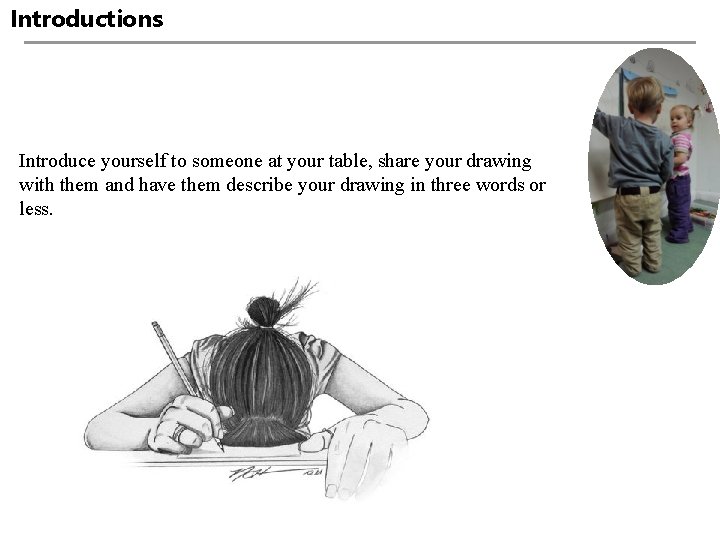 Introductions Introduce yourself to someone at your table, share your drawing with them and