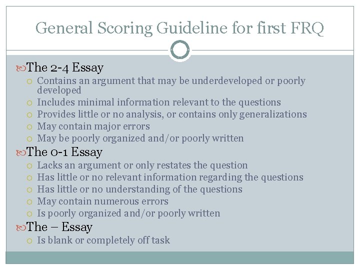 General Scoring Guideline for first FRQ The 2 -4 Essay Contains an argument that