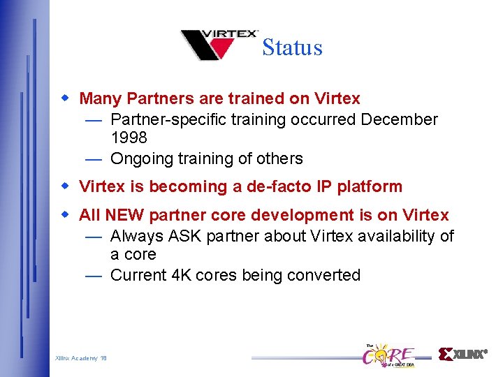 Virtex Status Many Partners are trained on Virtex — Partner-specific training occurred December 1998