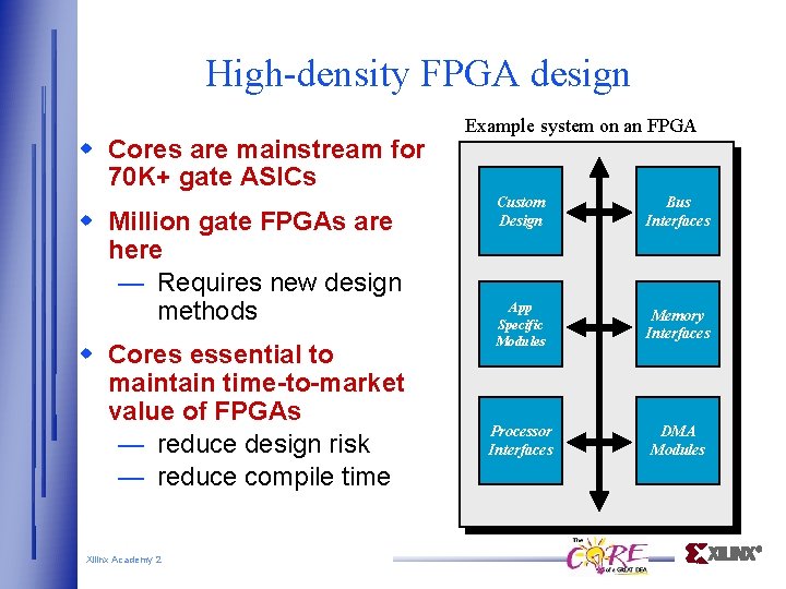 High-density FPGA design Cores are mainstream for 70 K+ gate ASICs Million gate FPGAs