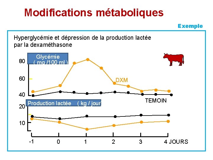 Modifications métaboliques Exemple Hyperglycémie et dépression de la production lactée par la dexaméthasone 80