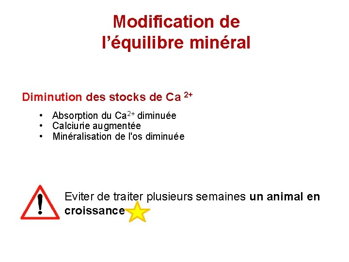 Modification de l’équilibre minéral Diminution des stocks de Ca 2+ • Absorption du Ca