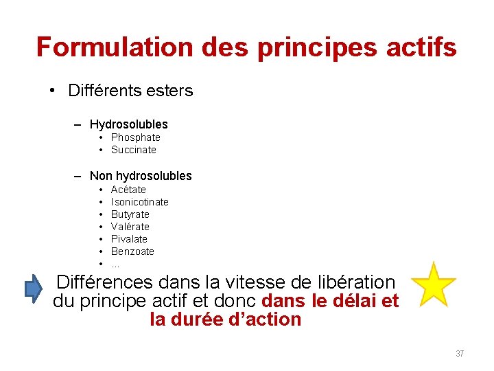 Formulation des principes actifs • Différents esters – Hydrosolubles • Phosphate • Succinate –