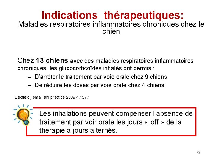 Indications thérapeutiques: Maladies respiratoires inflammatoires chroniques chez le chien Chez 13 chiens avec des