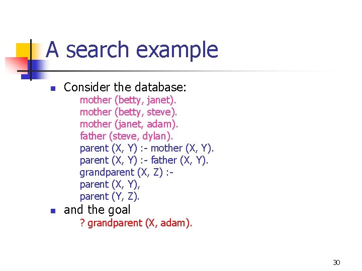 A search example n Consider the database: mother (betty, janet). mother (betty, steve). mother