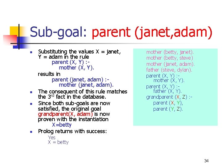 Sub-goal: parent (janet, adam) n n Substituting the values X = janet, Y =