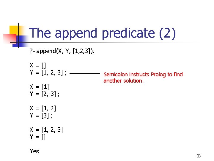 The append predicate (2) ? - append(X, Y, [1, 2, 3]). X = []