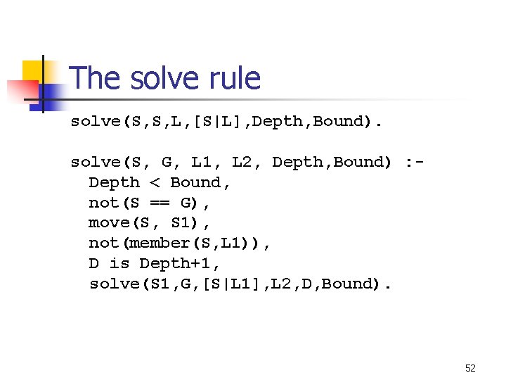 The solve rule solve(S, S, L, [S|L], Depth, Bound). solve(S, G, L 1, L