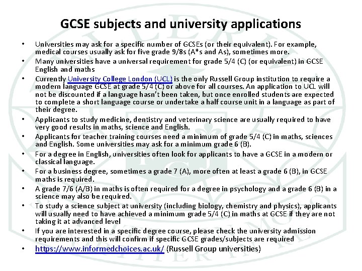 GCSE subjects and university applications • • • Universities may ask for a specific