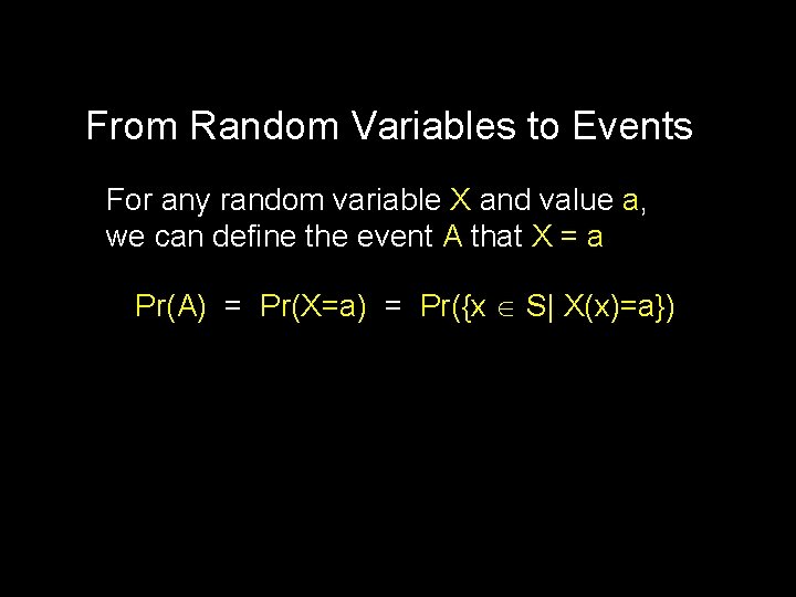 From Random Variables to Events For any random variable X and value a, we
