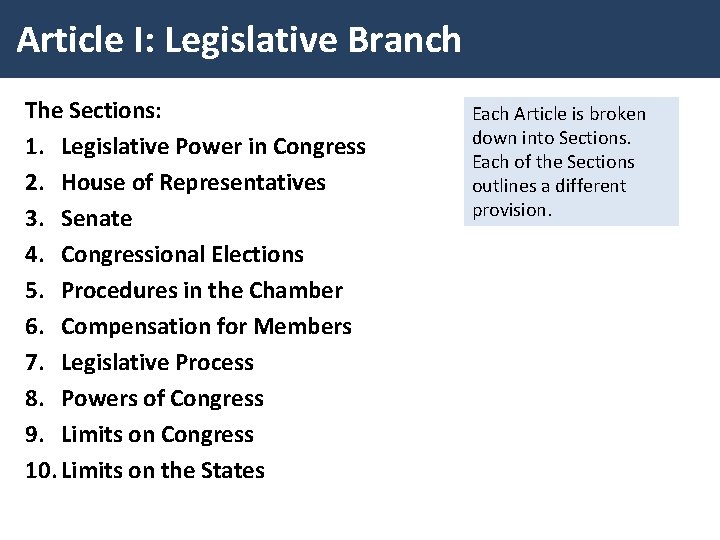 Article I: Legislative Branch The Sections: 1. Legislative Power in Congress 2. House of