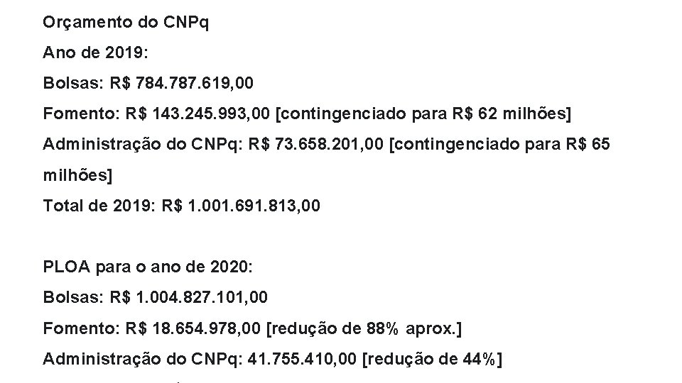 Orçamento do CNPq Ano de 2019: Bolsas: R$ 784. 787. 619, 00 Fomento: R$