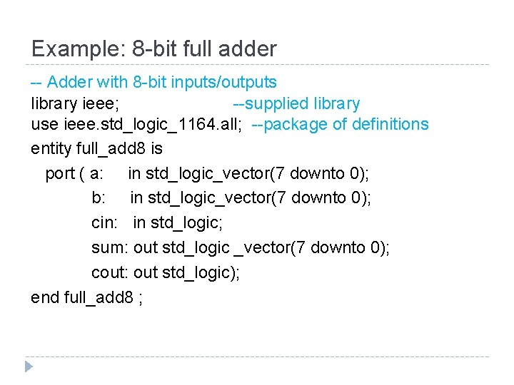 Example: 8 -bit full adder -- Adder with 8 -bit inputs/outputs library ieee; --supplied