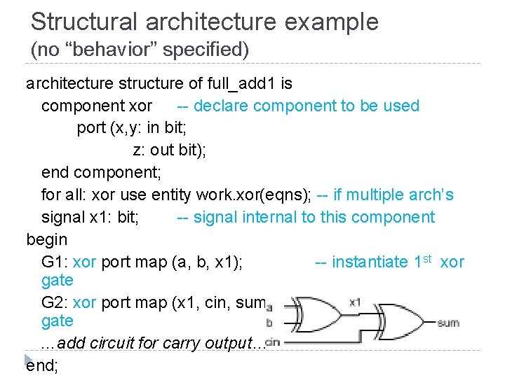 Structural architecture example (no “behavior” specified) architecture structure of full_add 1 is component xor
