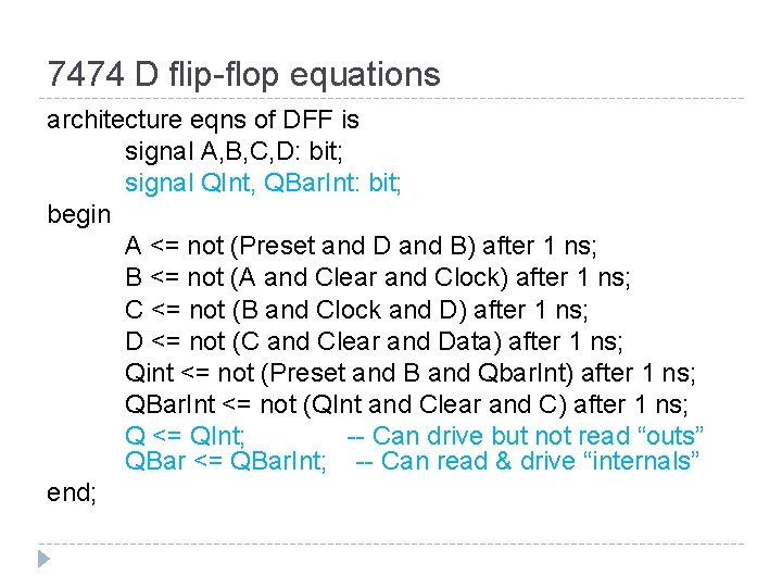 7474 D flip-flop equations architecture eqns of DFF is signal A, B, C, D: