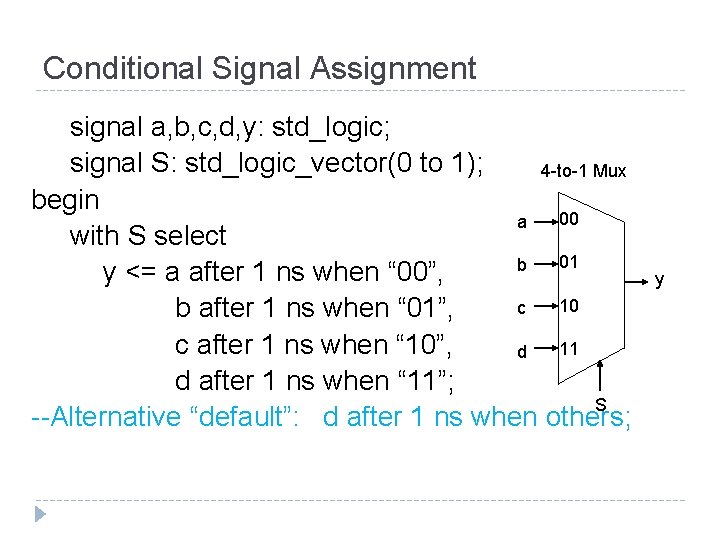 Conditional Signal Assignment signal a, b, c, d, y: std_logic; signal S: std_logic_vector(0 to