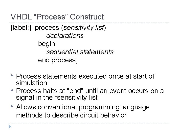 VHDL “Process” Construct [label: ] process (sensitivity list) declarations begin sequential statements end process;