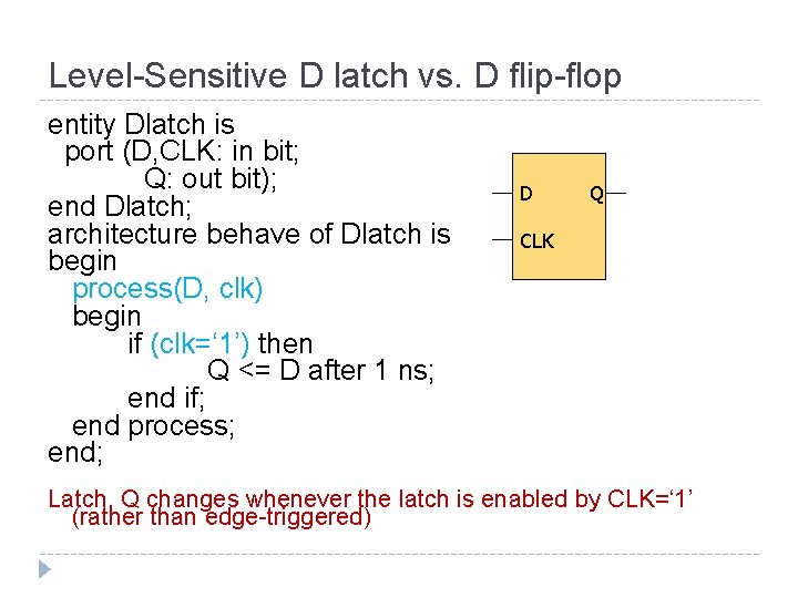 Level-Sensitive D latch vs. D flip-flop entity Dlatch is port (D, CLK: in bit;