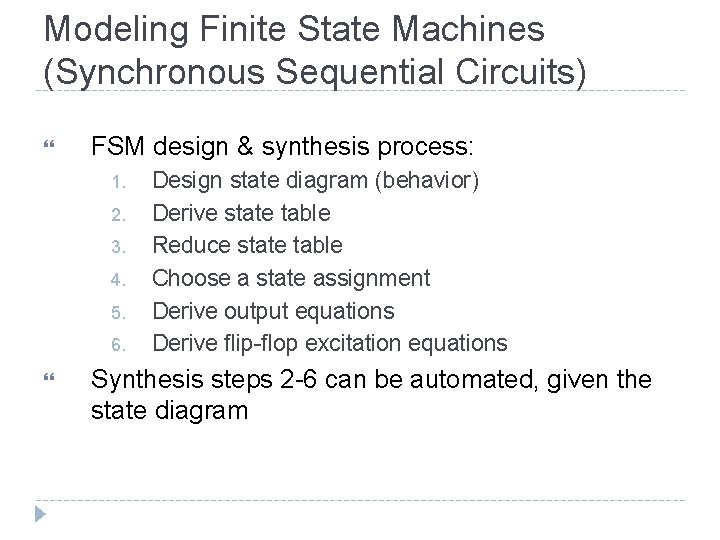 Modeling Finite State Machines (Synchronous Sequential Circuits) FSM design & synthesis process: 1. 2.