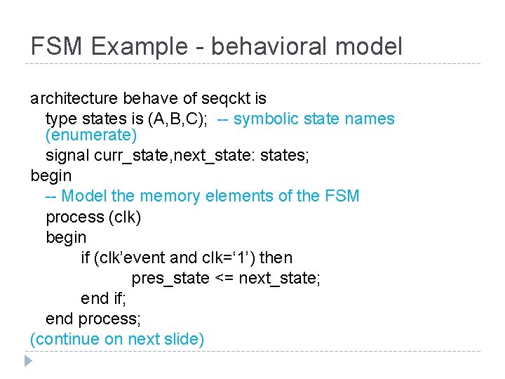 FSM Example - behavioral model architecture behave of seqckt is type states is (A,