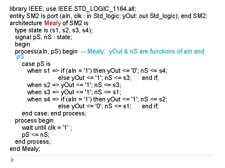 library IEEE; use IEEE. STD_LOGIC_1164. all; entity SM 2 is port (a. In, clk