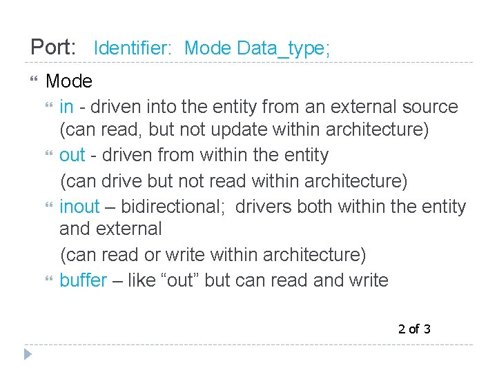 Port: Identifier: Mode Data_type; Mode in - driven into the entity from an external