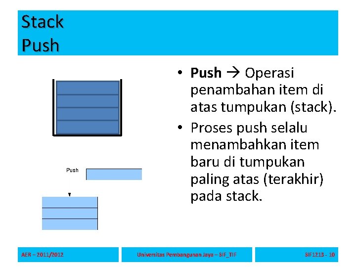 Stack Push • Push Operasi penambahan item di atas tumpukan (stack). • Proses push