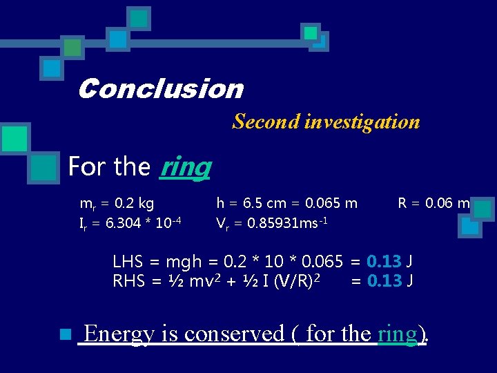 Conclusion Second investigation For the ring mr = 0. 2 kg Ir = 6.