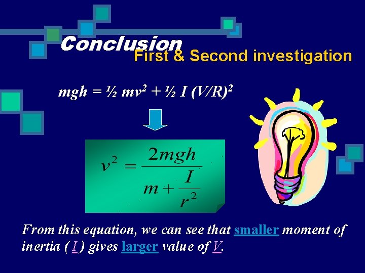 Conclusion First & Second investigation mgh = ½ mv 2 + ½ I (V/R)2