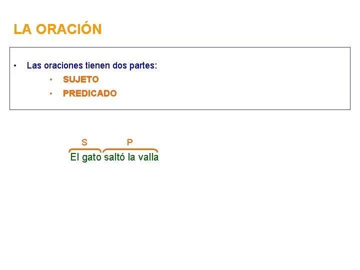 LA ORACIÓN • Las oraciones tienen dos partes: • SUJETO • PREDICADO S P