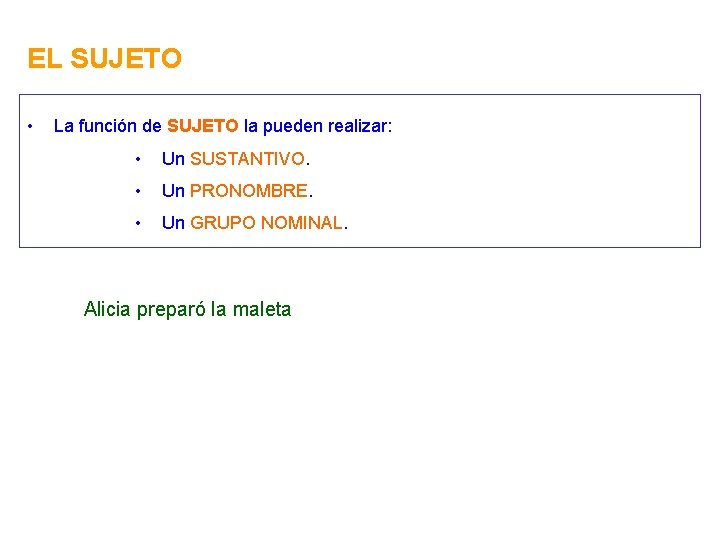 EL SUJETO • La función de SUJETO la pueden realizar: • Un SUSTANTIVO. •