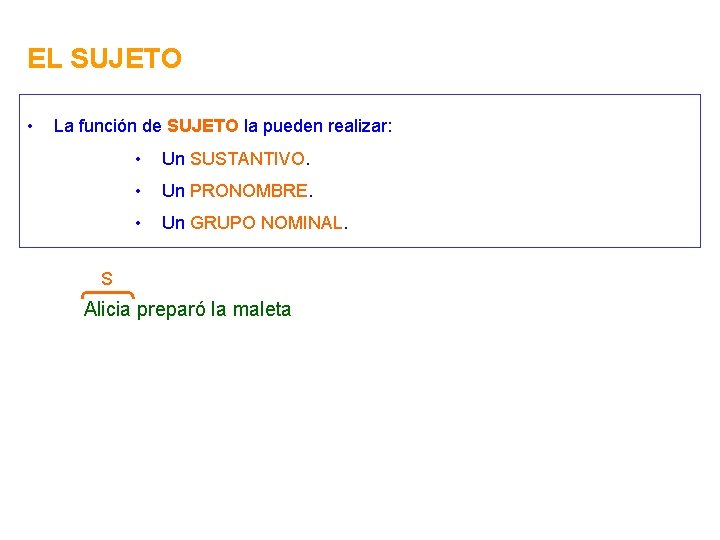 EL SUJETO • La función de SUJETO la pueden realizar: • Un SUSTANTIVO. •