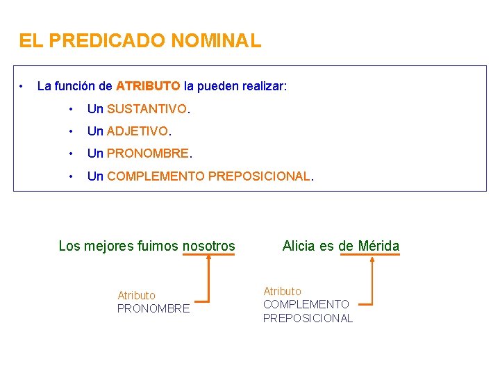 EL PREDICADO NOMINAL • La función de ATRIBUTO la pueden realizar: • Un SUSTANTIVO.