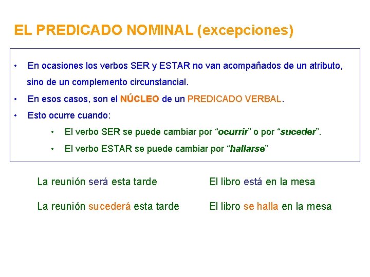 EL PREDICADO NOMINAL (excepciones) • En ocasiones los verbos SER y ESTAR no van