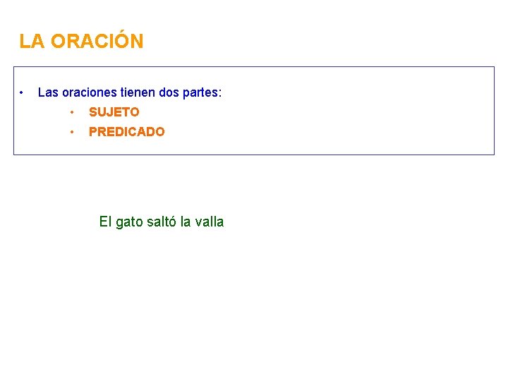 LA ORACIÓN • Las oraciones tienen dos partes: • SUJETO • PREDICADO El gato