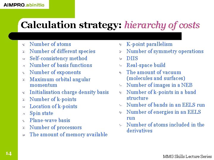 Calculation strategy: hierarchy of costs Number of atoms Number of different species Self-consistency method