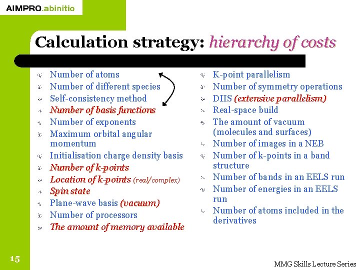 Calculation strategy: hierarchy of costs Number of atoms Number of different species Self-consistency method