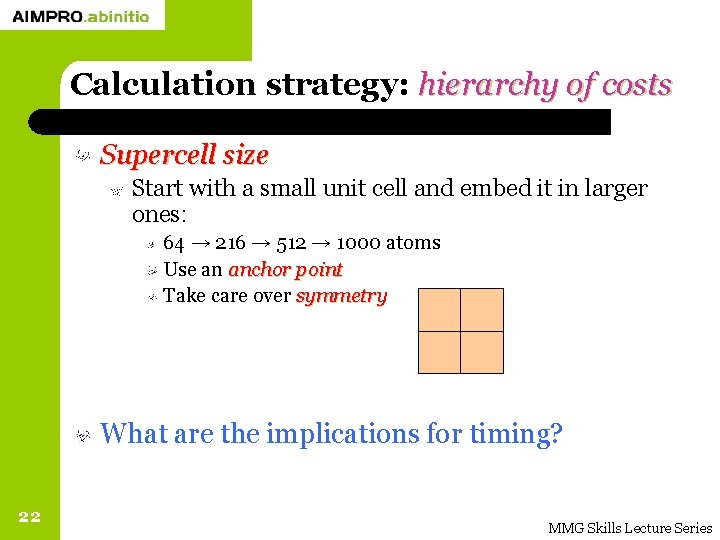 Calculation strategy: hierarchy of costs Supercell size Start with a small unit cell and