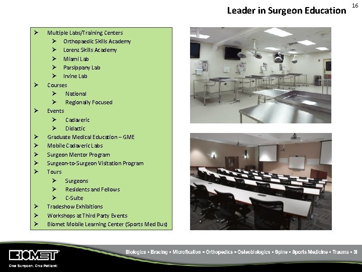 Leader in Surgeon Education Ø Ø Ø Multiple Labs/Training Centers Ø Orthopaedic Skills Academy