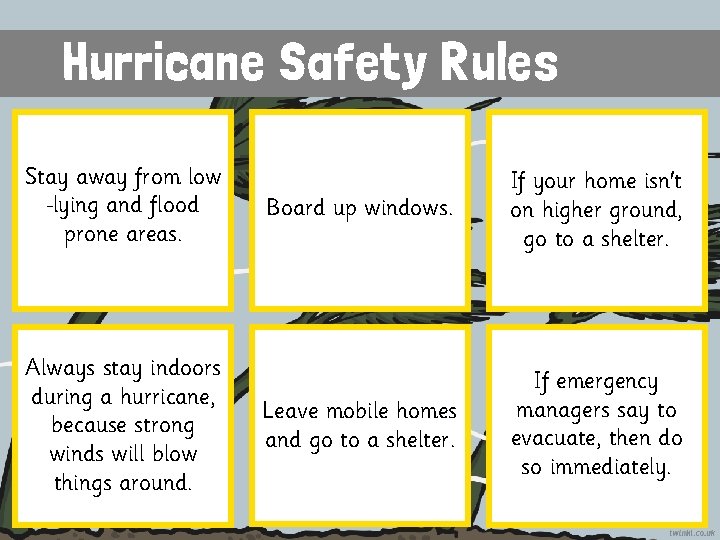 Hurricane Safety Rules Stay away from low lying and flood prone areas. Always stay